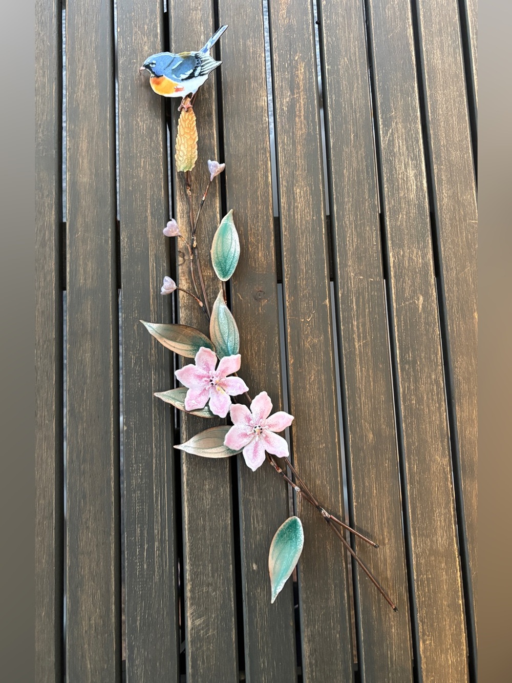 Bovano of Cheshire Metal Floral Wall Sculpture Blue Bird Pink Flowers